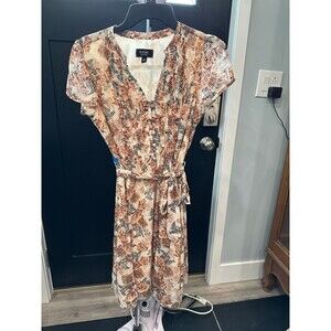 CUTE!! MSK 10P Floral-Print Pintucked  dress Size 10 Petite Multicolor brown